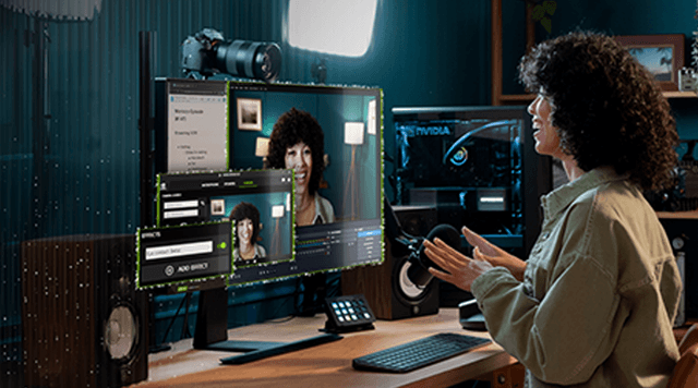 Kvinde der sender live med et professionelt Nvidia Studio-setup