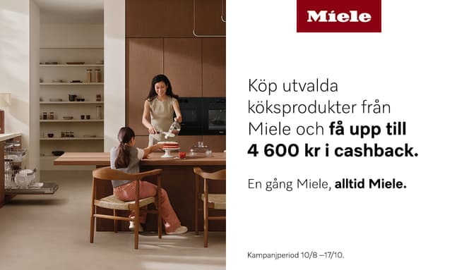 Banner med texten: "Köp utvalda köksprodukter från Miele och få upp till 4 600 kr i cashback"