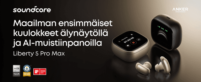 Kuvituskuvassa Liberty 5 Pro Max -kuulokkeet ja teksti "Maailman ensimmäiset kuulokkeet älynäytöllä ja AI-muistiinpanoilla"