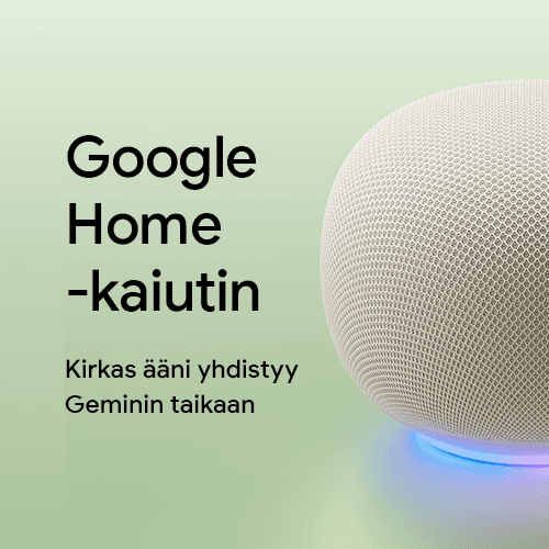 Google Home -kaiutin ja teksti "Kirkas ääni yhdistyy Geminin taikaan"