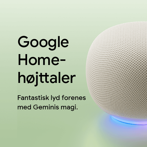 Google Home højttaler med teksten "Fantastisk lyd forenes med Geminis magi"