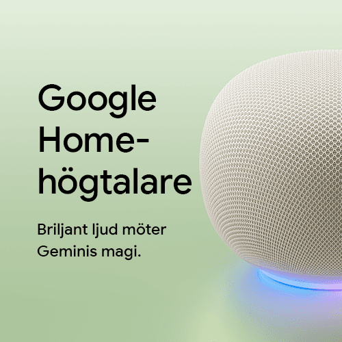 Google Home högtalare med texten "Briljant ljud möter Geminis magi"