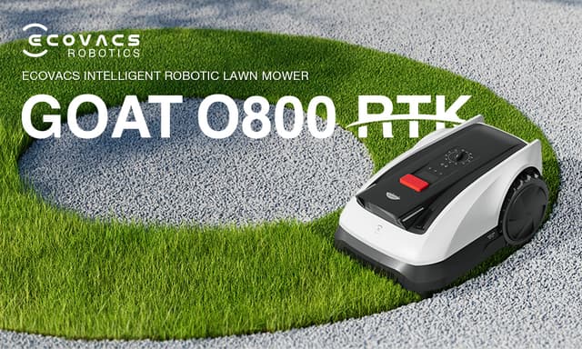 Ecovacs Goat O800 RTK produktbanner med gräsklipparen visad på en grön gräsmatta.