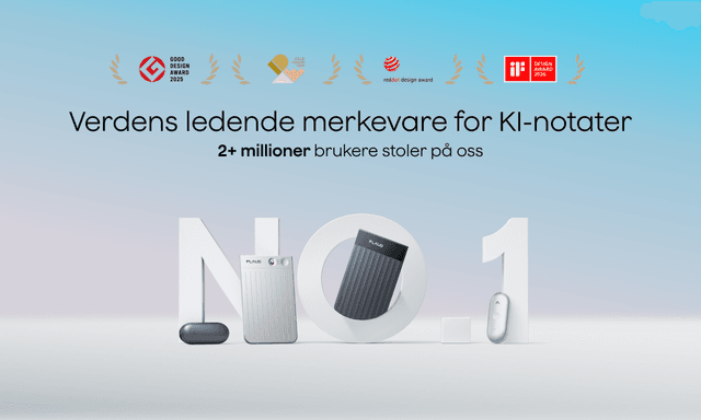 Plaud produktbanner med teksten "Verdens ledende merkevare for KI-notater"