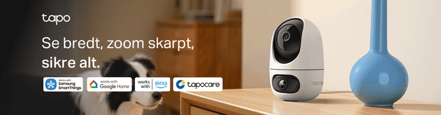 Tapo produktbanner med teksten: "Se bredt, zoom skarpt, sikre alt".
