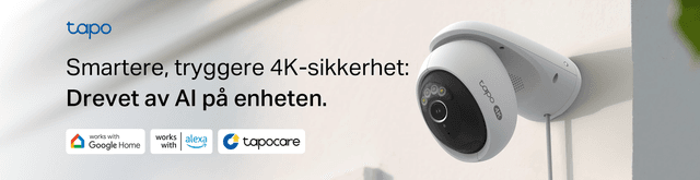 Tapo C560WS-banner med teksten "Smartere, tryggere 4K-sikkerhet: Drevet av AI på enheten".