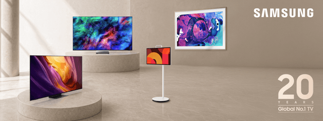 Samsung TV i et beige rum med logo og tekst; 20 years Global no. 1 TV