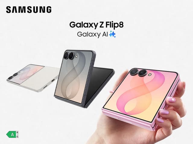 Samsung Galaxy Flip8 smartphone i tre farver