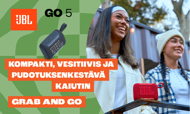 JBL GO5 on kompakti, vesitiivis ja pudotuksen kestävä kaiutin