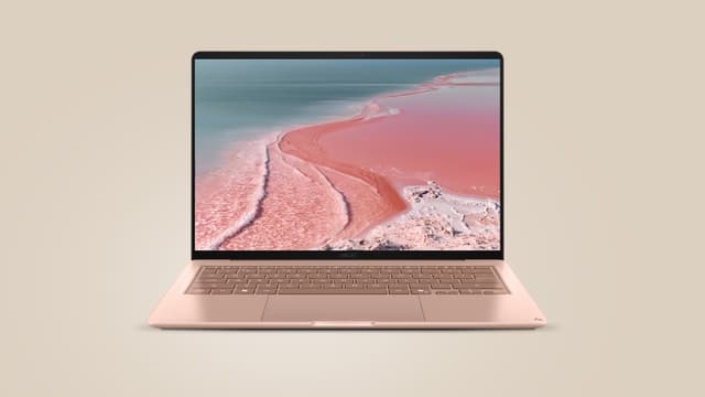 Avattu ASUS Zenbook 14 UX3480 -kannettava Komodo Coral -värissä; kuvassa näkyy laitteen OLED-näyttö