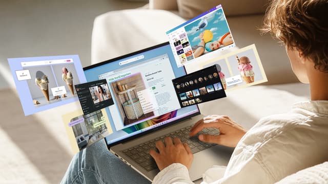 Nuori mies, jolla ASUS Zenbook 14 UX3480 sylissään; näytöllä näkyy useita käytössä olevia ohjelmia