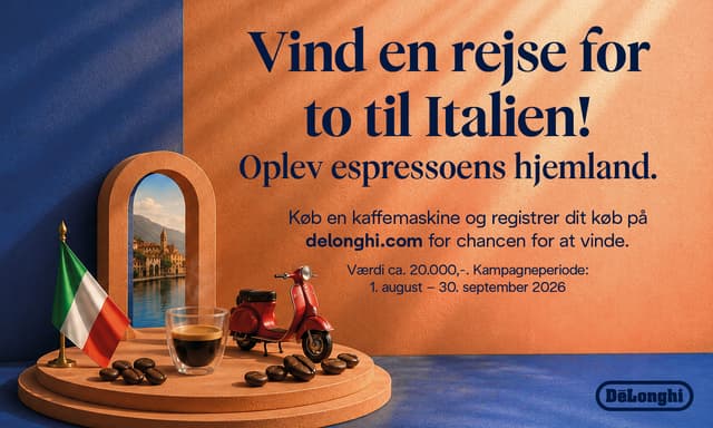 Delonghi kampagnebanner med teksten: Vind en tur for to til Italien
