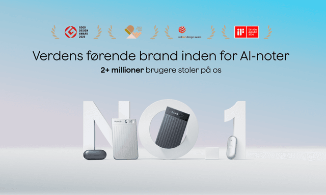Plaud produktbanner med teksten "Verdens førende brand til AI-noter"