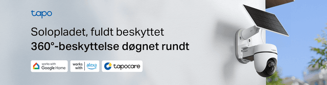 Tapo C610 KIT banner med teksten "Solopladet, fuldt beskyttet - 360 graders beskyttelse døgnet rundt"