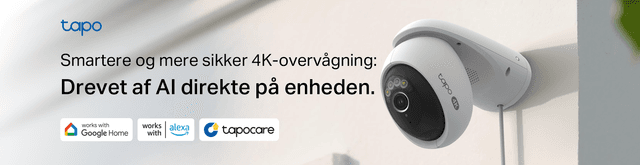 Tapo C560WS banner med teksten "Smartere og mere sikker 4K-overvågning: Drevet af AI direkte på enheden"