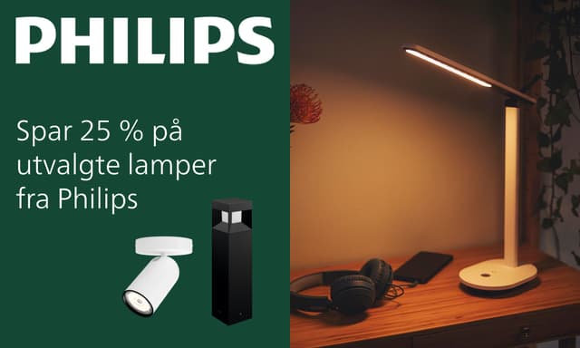Philips kampanjebanner med teksten "Spar 25% på utvalgte lamper fra Philips".