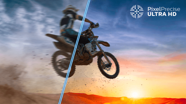 PUS7201_02_Pixel Precise UHD, bilden visar en som åker motorcykel i solnedgången, halva bilden är suddig, den andra är skarp.
