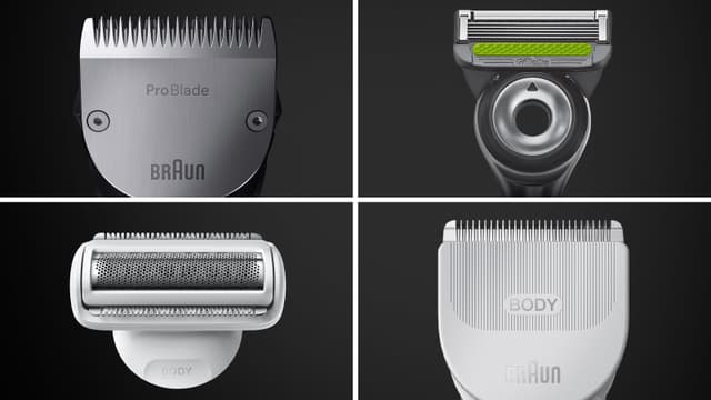 Delt bilde av fire av Braun Alt-i-ett Serie 9 barberhoder.