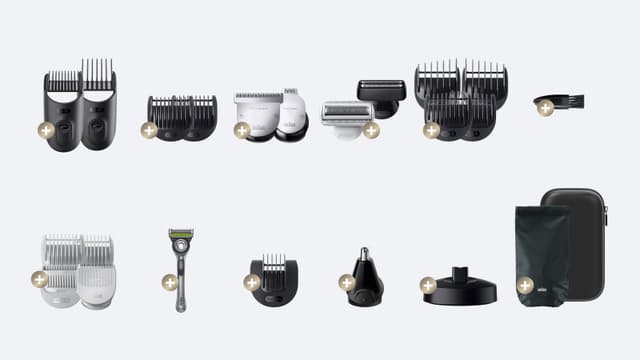 Oversikt over tilbehør til Braun Alt-i-ett Serie 9-multitrimmer.