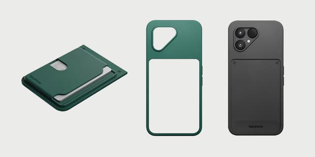 Fairphone-tilbehør – en kortholder og to mobildeksler mot en lys beige bakgrunn.