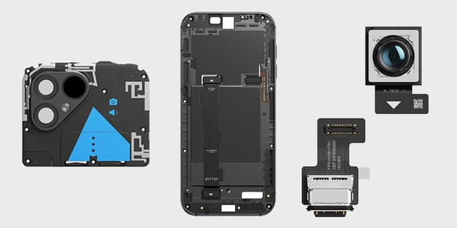 A selection of Fairphone spare parts against a light beige background