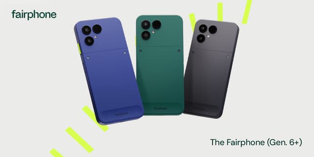 The Fairphone Gen. 6+ in 3 colours against a light beige background