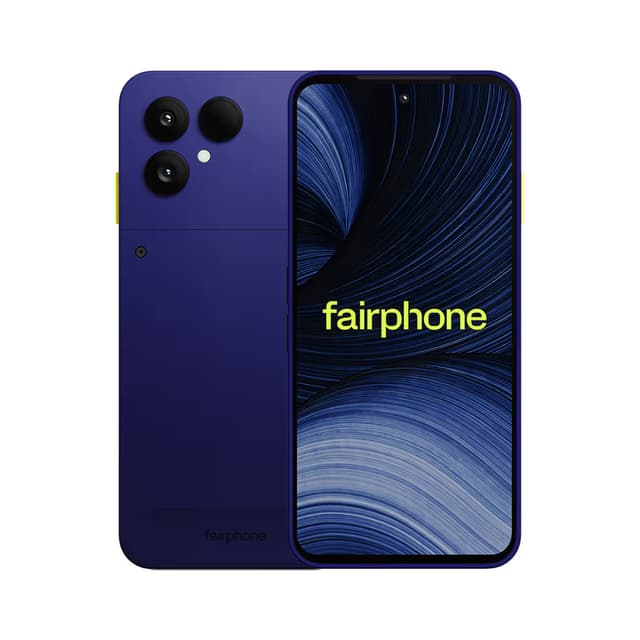 Sininen The Fairphone (Gen. 6+) edestä ja takaa valkoista taustaa vasten