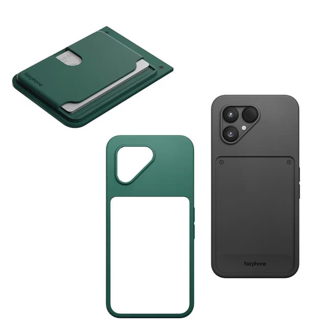 Et utvalg av Fairphone mobiltilbehør mot en hvit bakgrunn.