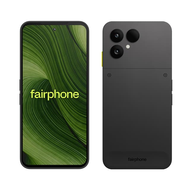 For- og baksiden av en grønn The Fairphone (Gen. 6) mot hvit bakgrunn.
