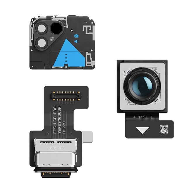 Et utvalg av Fairphone-reservedeler mot en hvit bakgrunn.