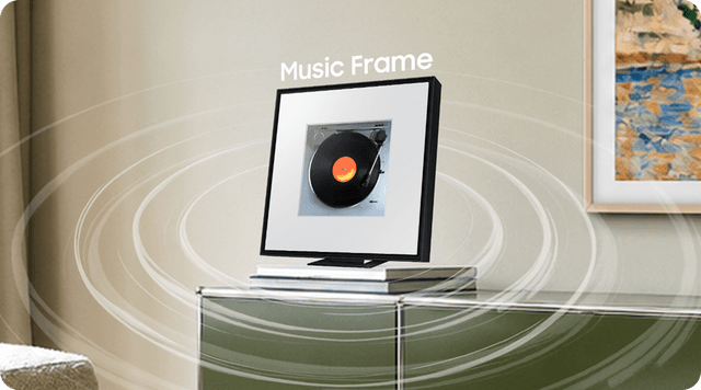 Samsung Music Frame -kaiutin olohuoneen kaapin päällä