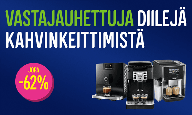 Kolme erilaista kahvikonetta, sekä teksti; Vastajauhettuja diilejä kahvinkeittimistä