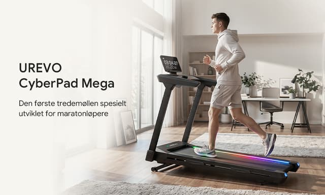 Man running on the UREVO CyberMega treadmill in a home office