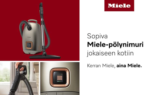Miele-mainoskuva, jossa teksti; sopiva Miele-pölynimuri jokaiseen kotiin