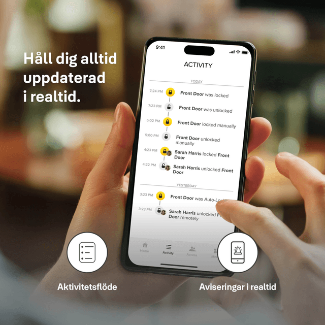 Mobil med Yale Home-appen med information om aktivitet vid ytterdörren.