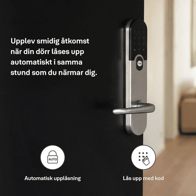 Yale Entrus-lås med text om automatisk upplåsning.