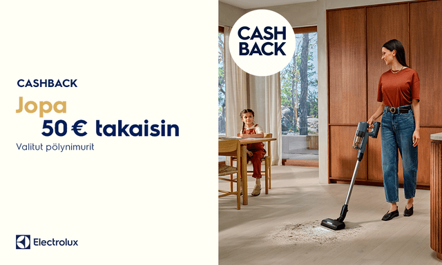 Electrolux cashback -kampanjan mainosjuliste: jopa 50 € takaisin valikoiduista imureista