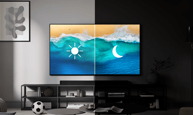 Et delt bilde av en Samsung-TV i et mørkt og et lyst rom.