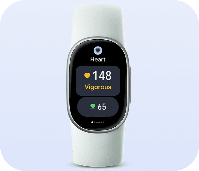 Et hvidt Fitbit Edge viser oversigt over hjerterytme på skærmen