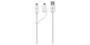 Vit kabel med tre olika USB-anslutningar.  