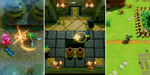 Bild från spelet Legend of Zelda med tre olika scener. 