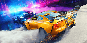 Bild från spelet Need for Speed HEAT med en svart och en gul racerbil som står mittemot varandra i lila neonljus. 