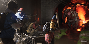 Kuvakaappaus Back 4 Blood pelistä, jossa Cleanerit taistelevat valtavaa zombie vastaan