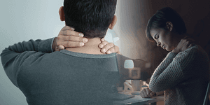 kollasje med mann og kvinne som masserer nakken og uttrykker smerte