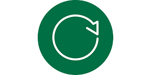 Pyöreä kuva, jossa valkoinen ympyrän mallinen nuoli vihreällä pohjalla