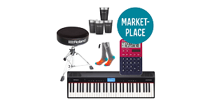 Olika produktbilder av instrument, strumpor och glas och annat tillsammans med rund Marketplace-ikon