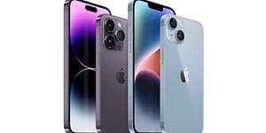 Produktbild av iPhone 14- och Pro-serien med fram- och baksida