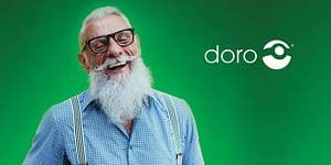 Doro - Miespuolinen seniorihenkilö vihreällä taustalla sekä Doro-logo