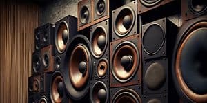 Toistensa päälle kasattuja retro-tyylisiä kaiuttimia huoneessa, jossa betoni- ja puuseinät