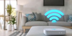 Kuvitettu wifi-verkon logo olohuoneen pöydällä, jonka takana vaalea sohva